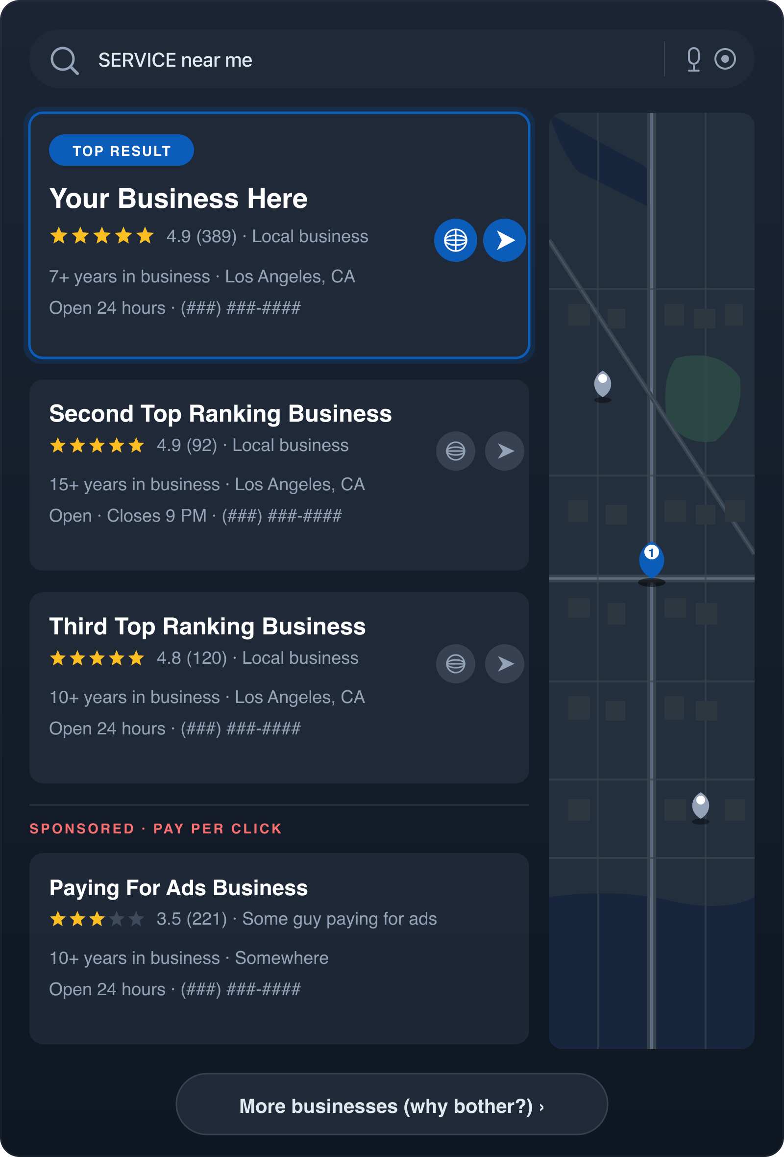 Example of a local business ranking in the top Google search results with a map listing